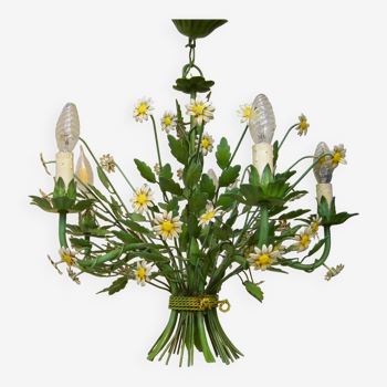 Five-arm chandelier in Italian sheet metal with daisy flowers