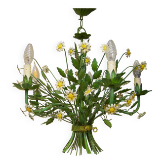 Five-arm chandelier in Italian sheet metal with daisy flowers