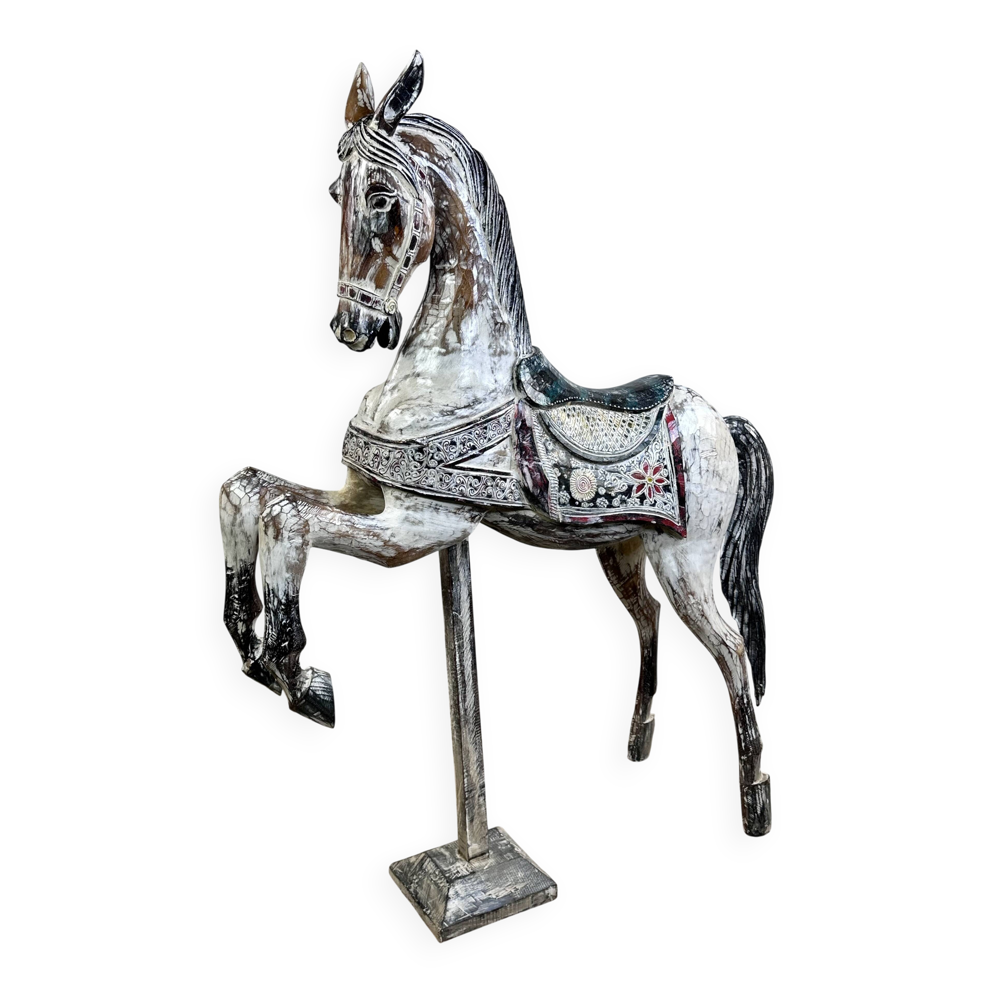 Carved and patinated wooden carousel horse