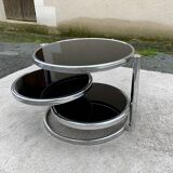 Articulated coffee table with 3 shelves, black glass and chrome, 1980