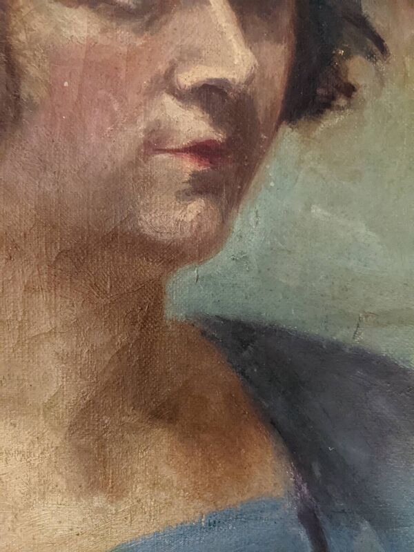 Huile sur toile portrait ancien décoration campagne bohème