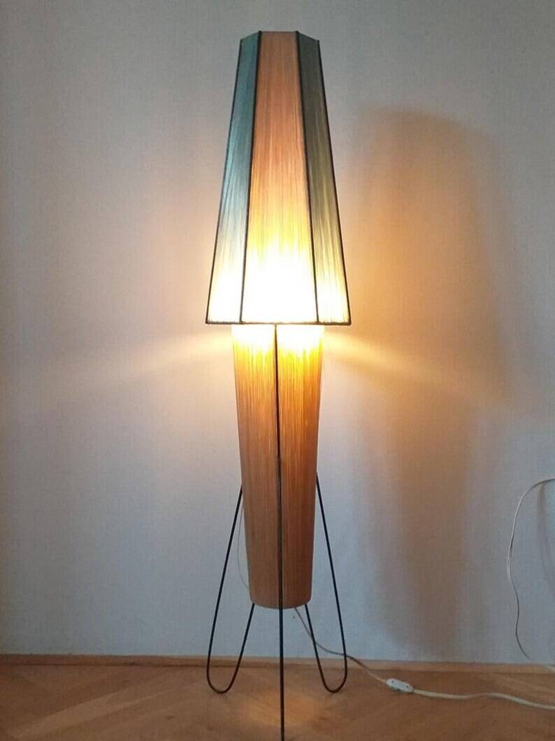 Rare Midcentury Rocket Floor Lamp, Metal and Straw, German Design