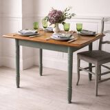 Table, vintage desk with smoked green legs and an oak top.