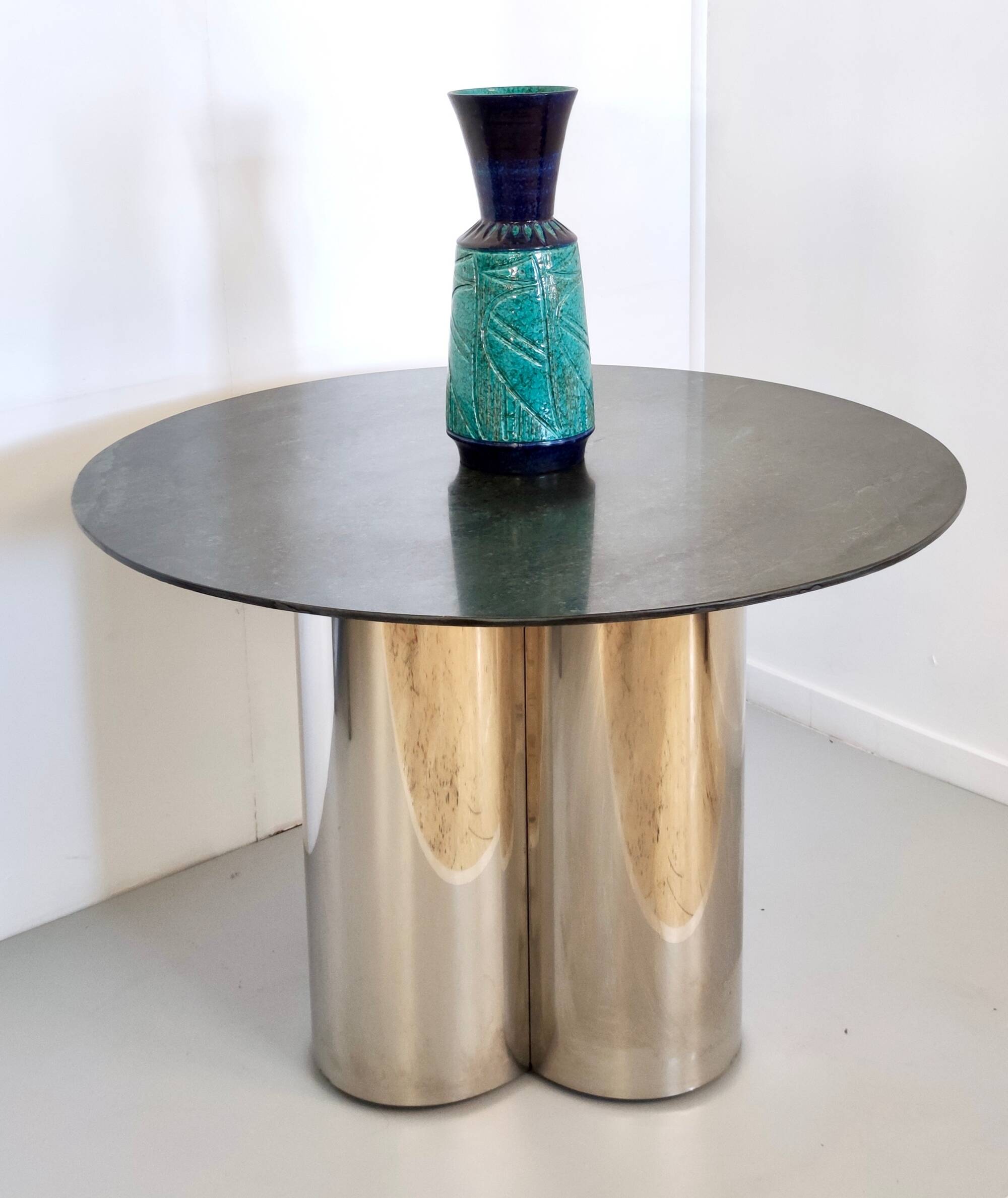 Postmodern Steel Dining Table with a Round Green Marble Top, Italy