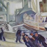 The port, the docks, unloading, dockers, painting signed 20th century HSP