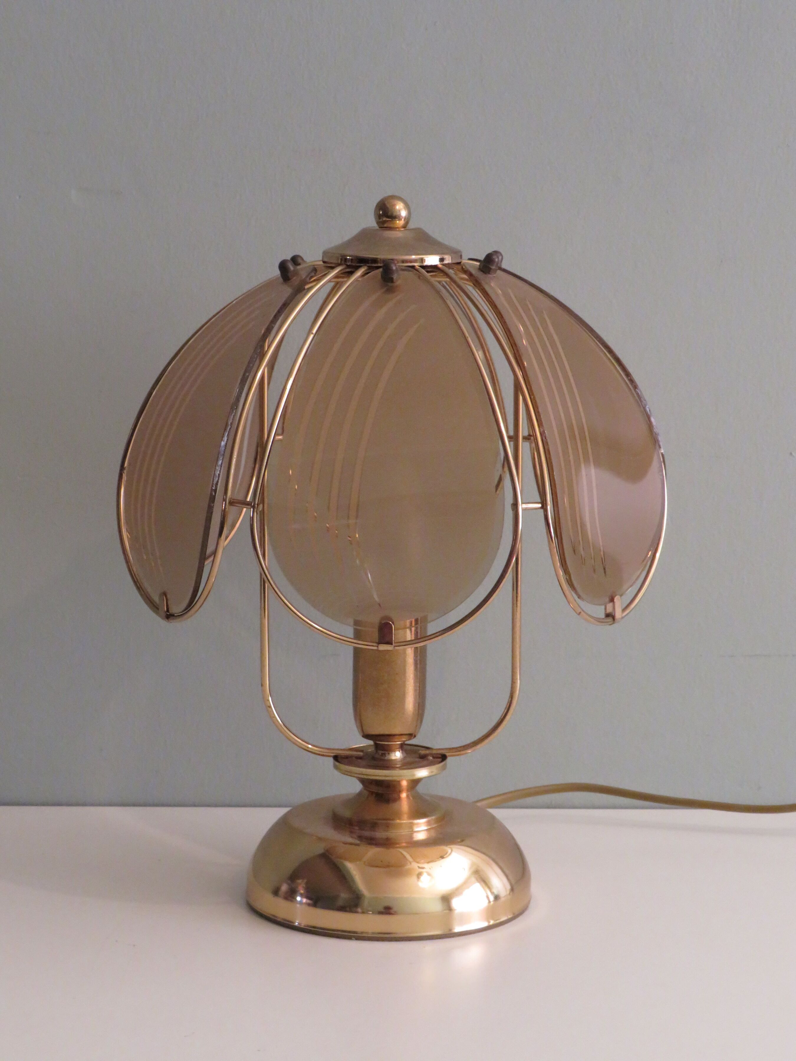 Brass table lamp with smoked glass panels, Belgium 1970