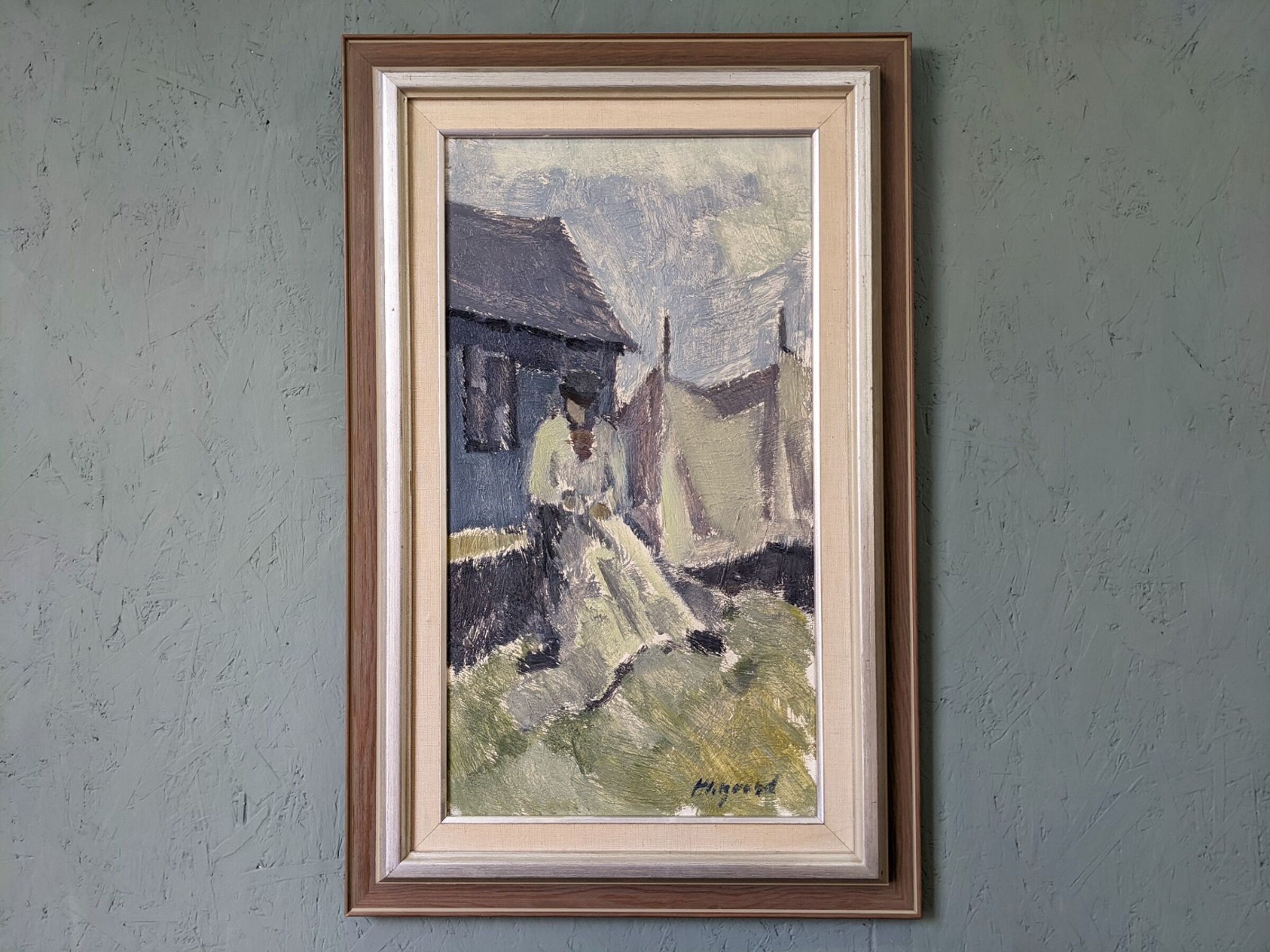 Mid-Century Modern "The Fisherman" Vintage Swedish Figurative Oil Painting, Framed
