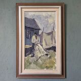 Mid-Century Modern "The Fisherman" Vintage Swedish Figurative Oil Painting, Framed