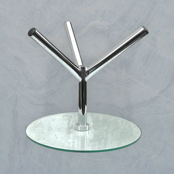 Table d’appoint tripode moderniste en verre trempé et métal chromé