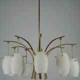 Midcentury 9-Arm Brass Chandelier with  Lacquer & Opaline Glass. Italy 1950
