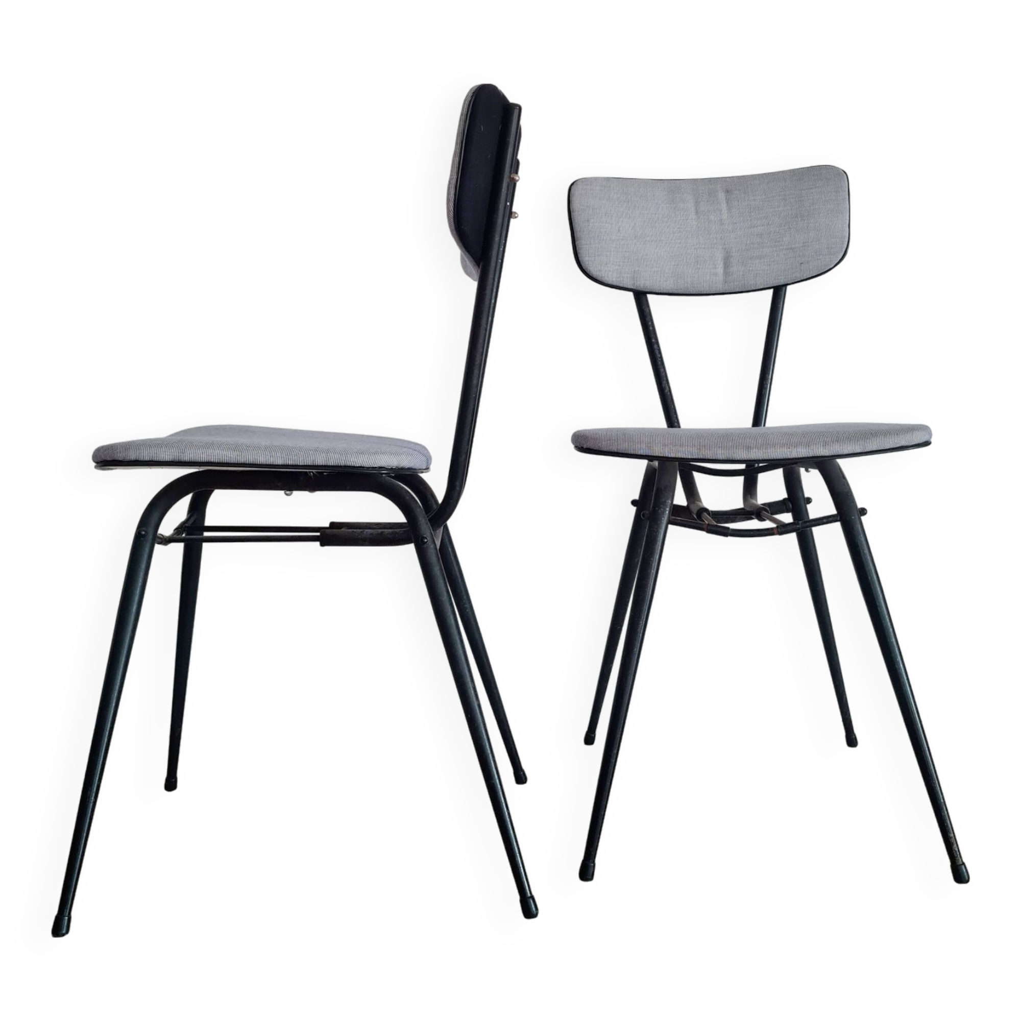 Pair of black metal and blue fabric chairs