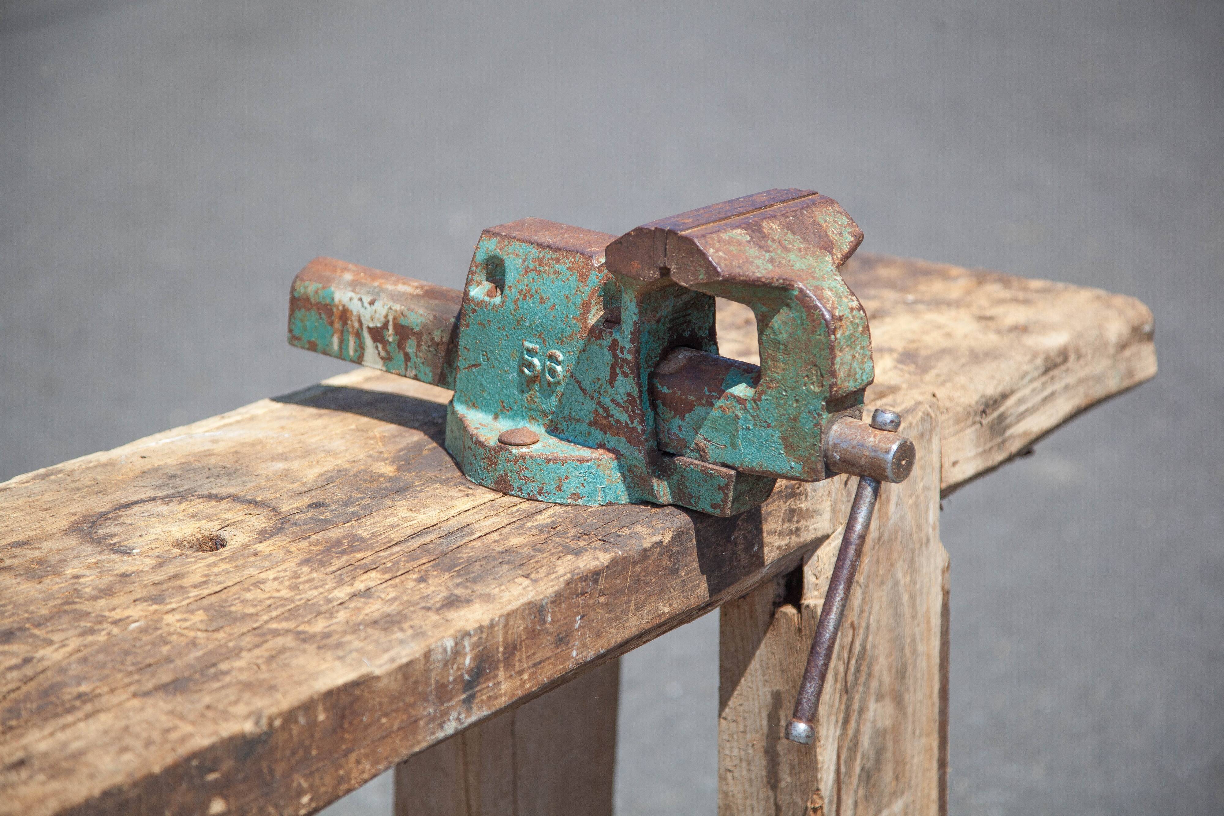 Large carpenter's workbench, old workbench, wooden workbench, industrial decoration