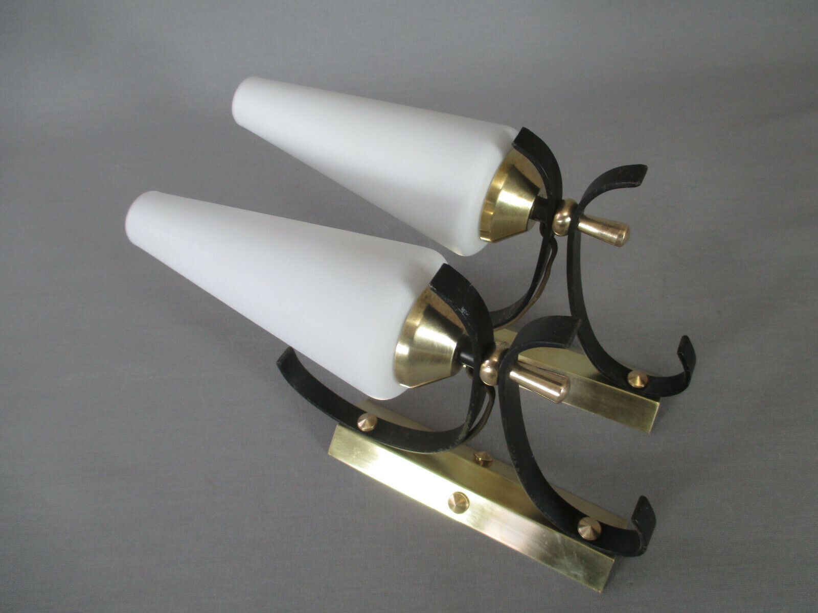 Pair of opaline tulip brass wall lamps