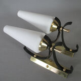 Pair of opaline tulip brass wall lamps