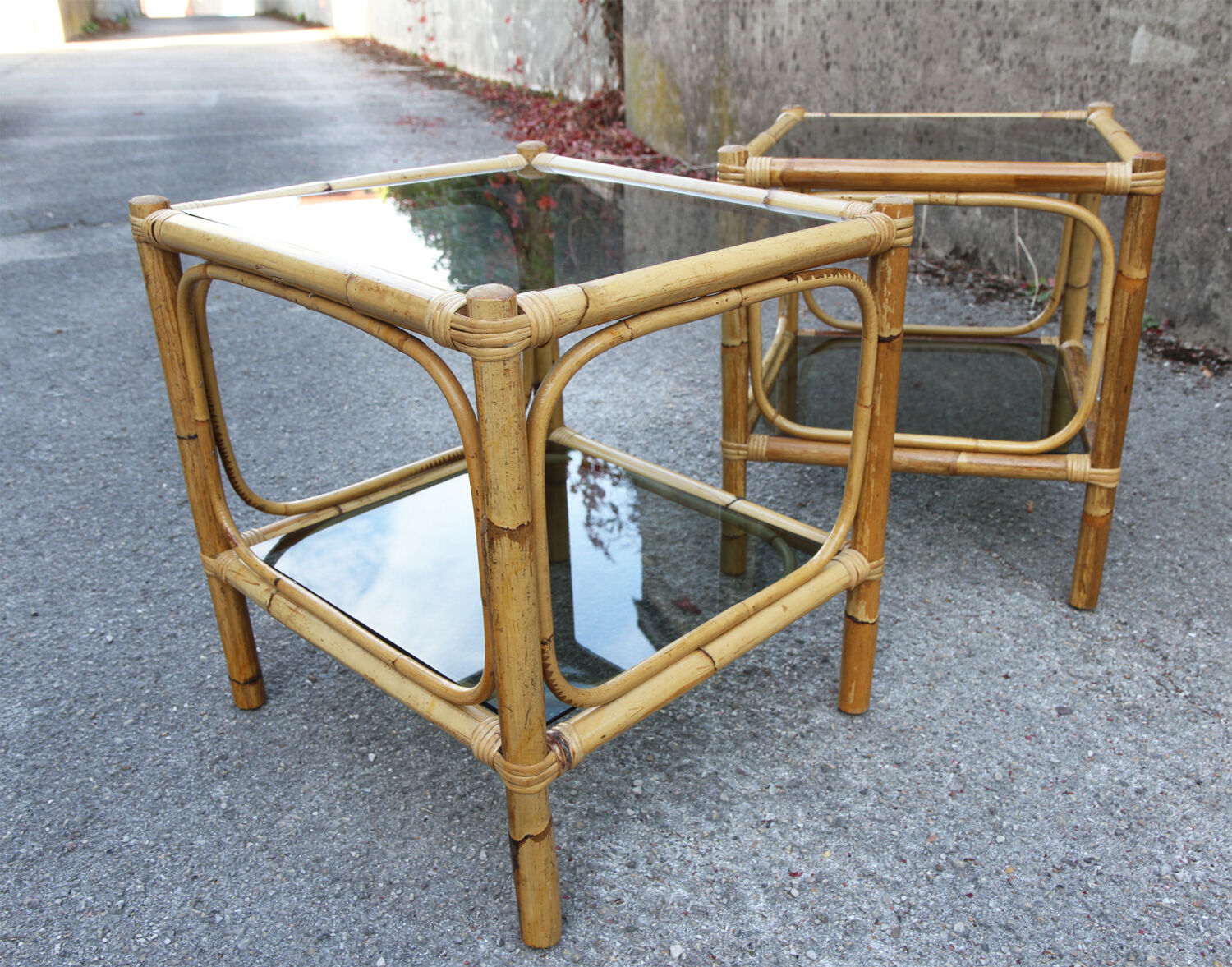 Pair of bamboo and smoked glass vintage bedside tables