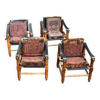 4 fauteuils Safari  - mid- century en bois et cuir + 4 doubles coussins