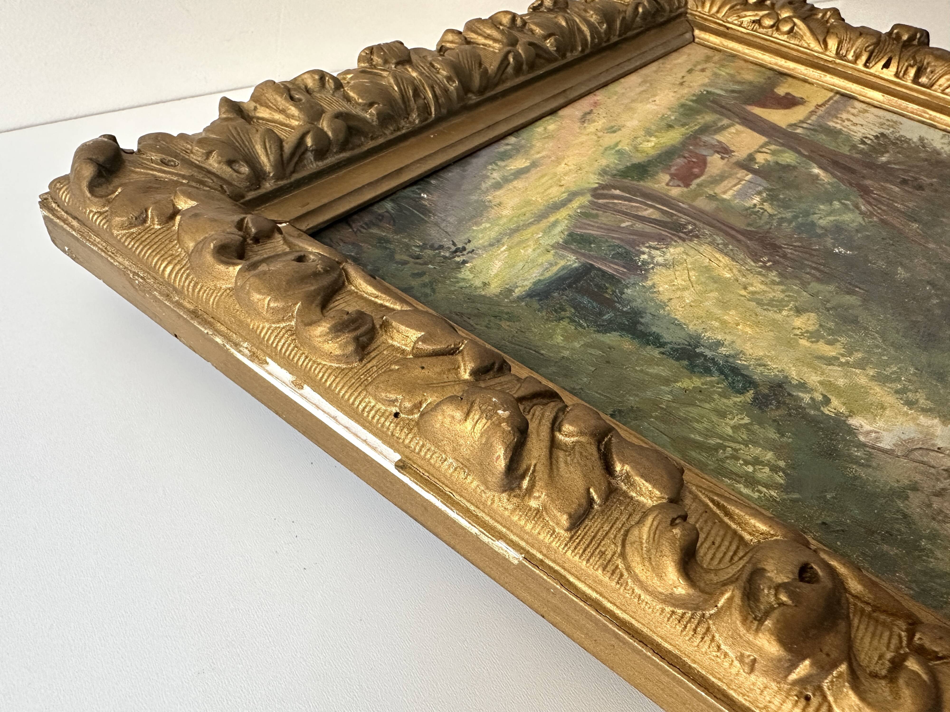Oil on canvas of a Norman landscape with cows circa 1900.