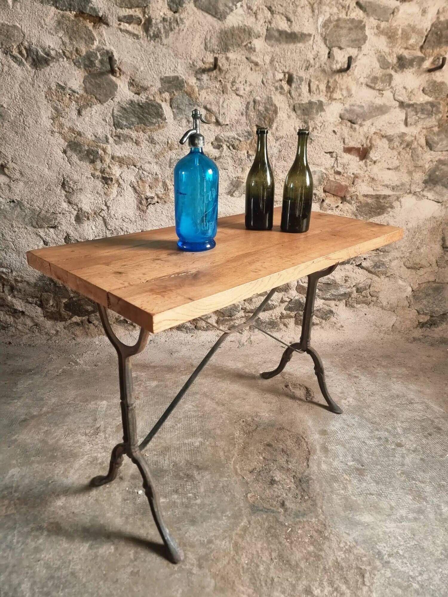 Vintage French Bistro Table | 1960s/70s Oak Top & Cast Iron Base | Retro Coffee & Wine Table