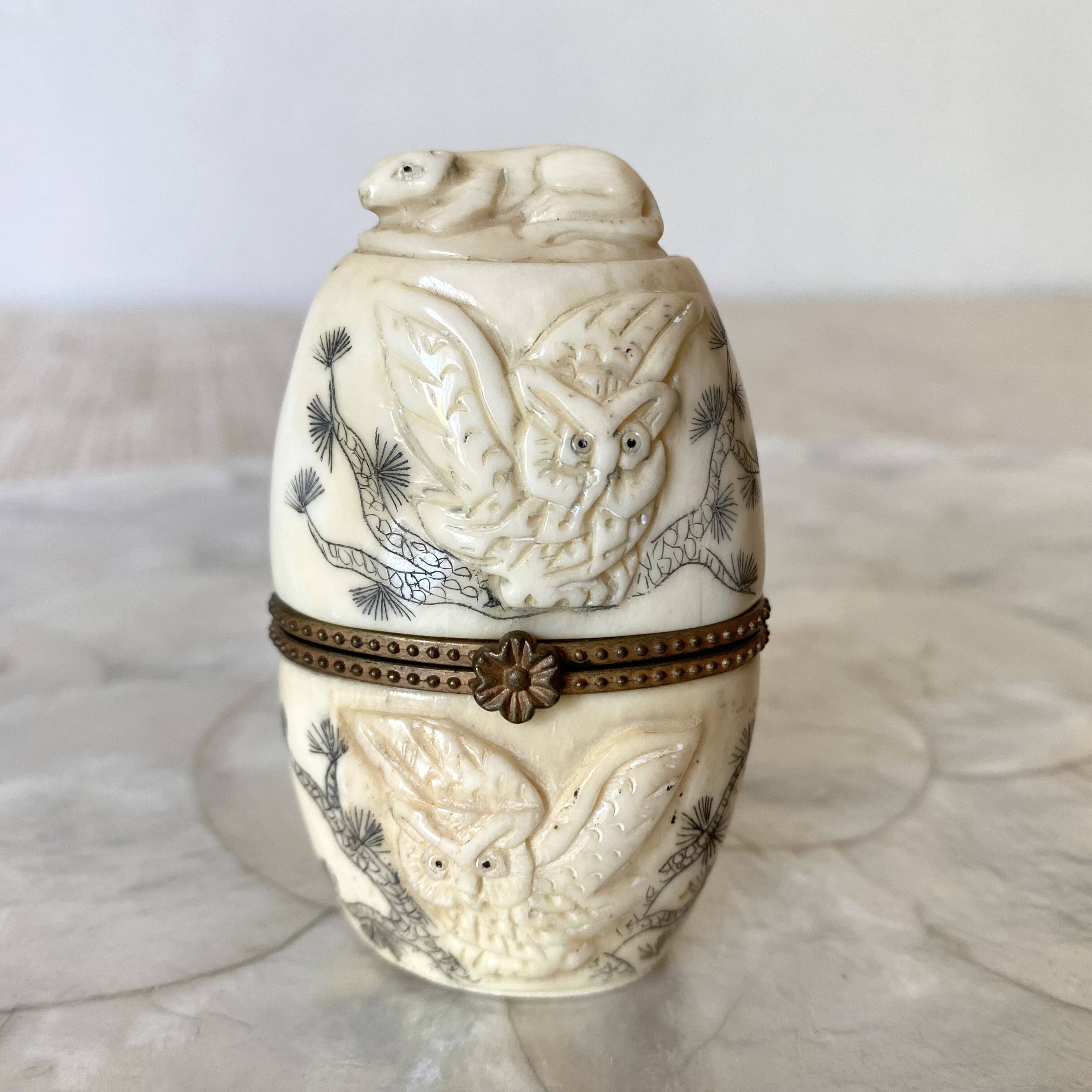 Ivory and brass owl and ermine box