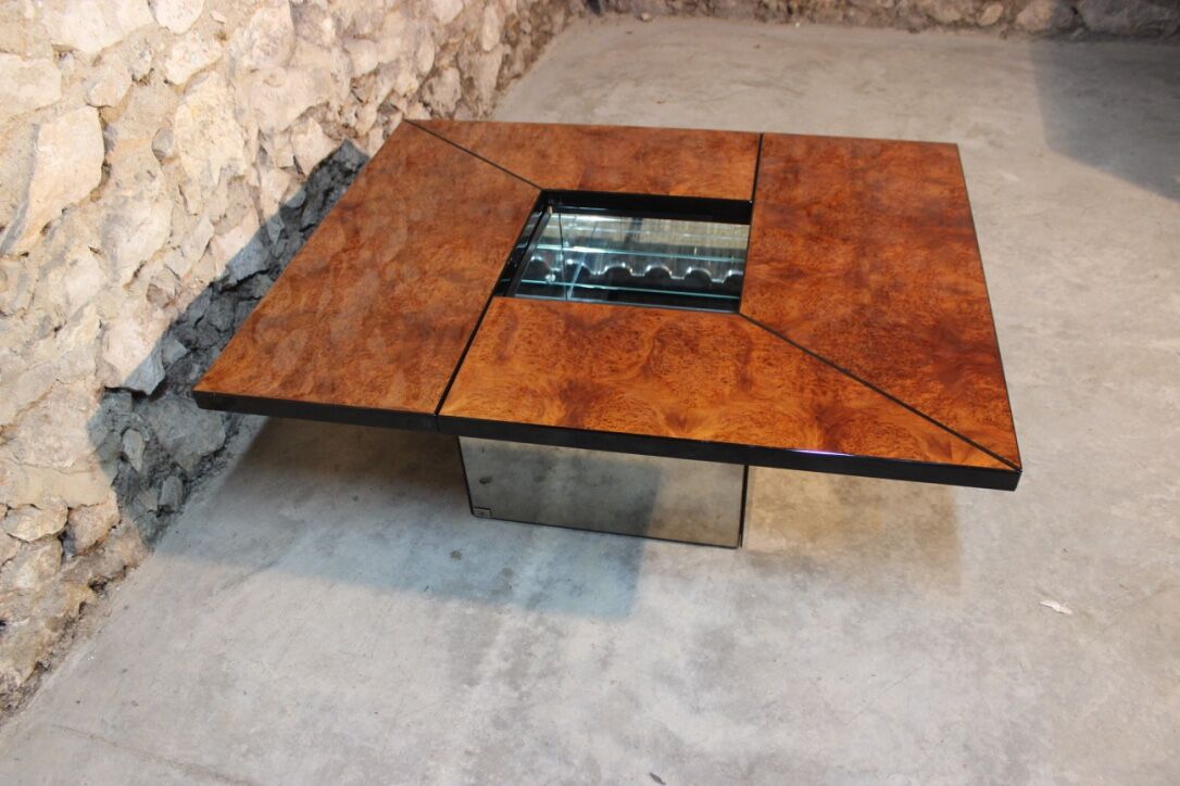 Coffee table, cocktail bar hidden in Elm Magnifier by Paul Michel, 1970 Roche Bobois