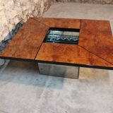Coffee table, cocktail bar hidden in Elm Magnifier by Paul Michel, 1970 Roche Bobois