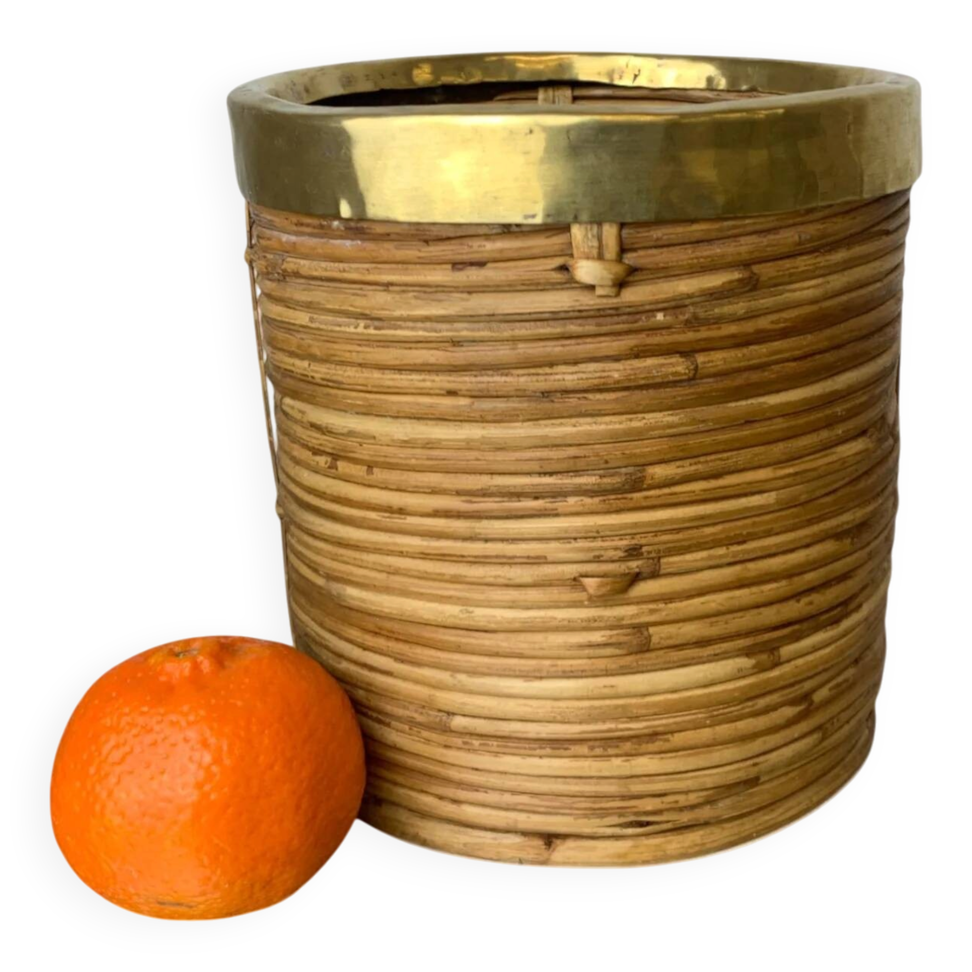 Rattan and brass basket, Italy, 1970, 16 cm diameter (Copy)