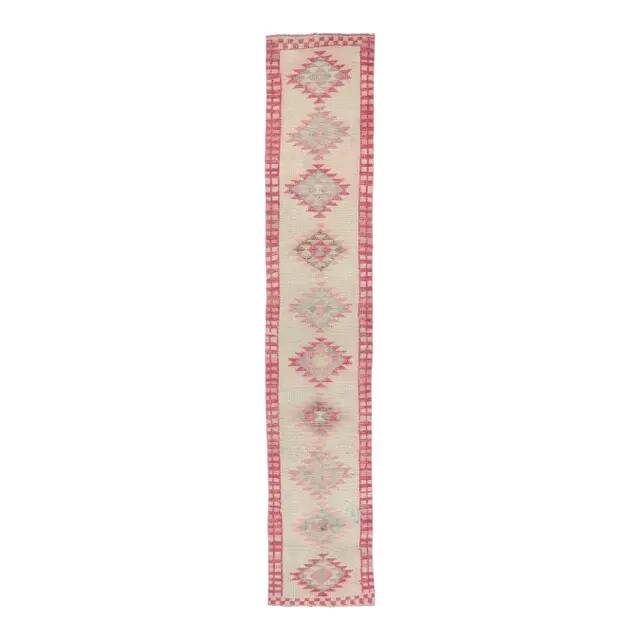Pink Vintage Turkish Hand-Knotted Tribal Runner 74x391