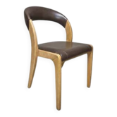 Vintage Curved-Back Dining Chair, Wood & Leatherette, Czechoslovakia, 1970s