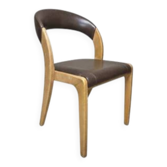 Vintage Curved-Back Dining Chair, Wood & Leatherette, Czechoslovakia, 1970s