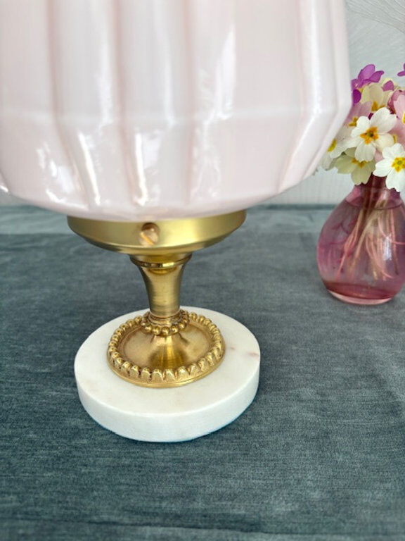 Art Deco lamp with pastel pink opaline globe.