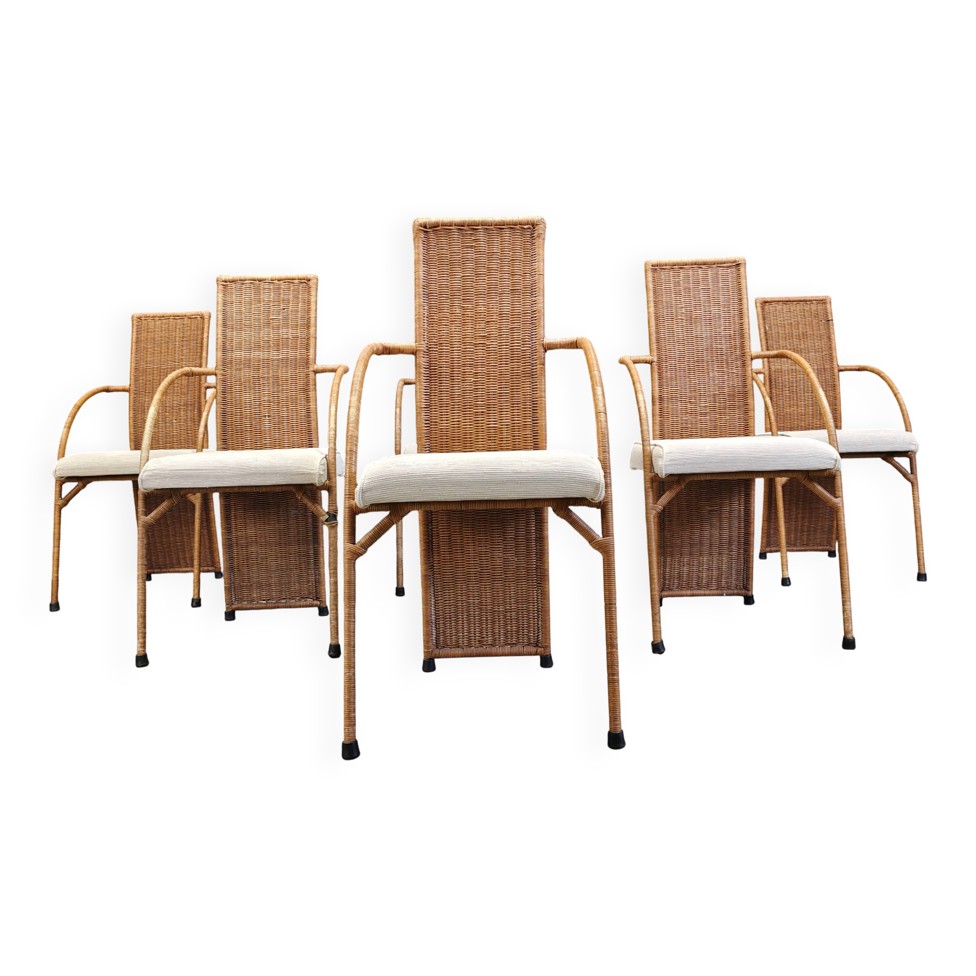 Vintage high back wicker dining chairs, 1980s - set of 6