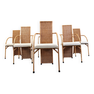 Vintage high back wicker dining chairs, 1980s - set of 6