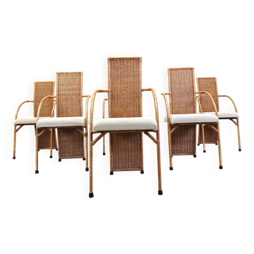 Chaises de salle à manger vintage en osier à dossier haut, années 1980 - lot de 6