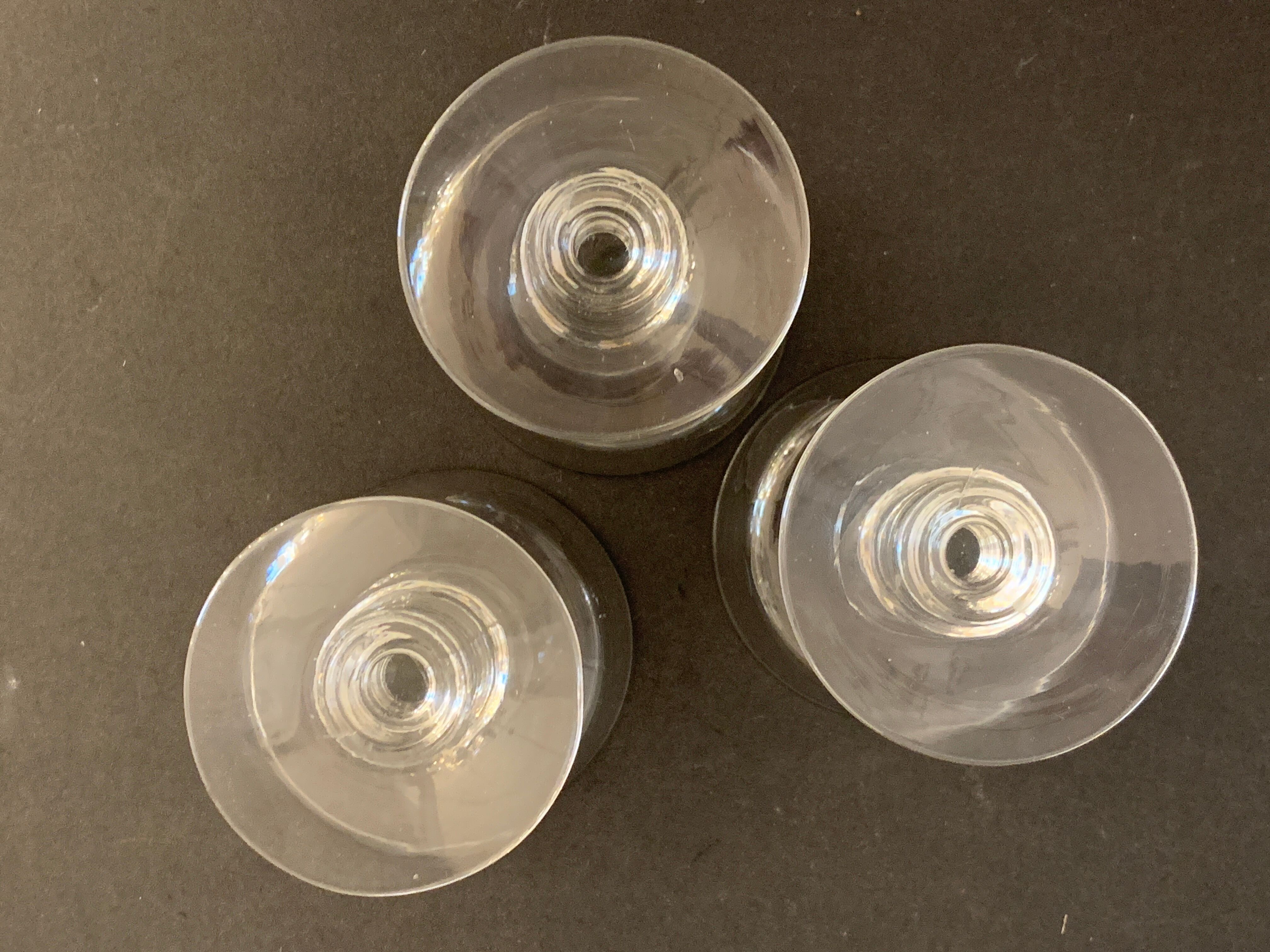 3 old champagne cups in blown and bubbled glass