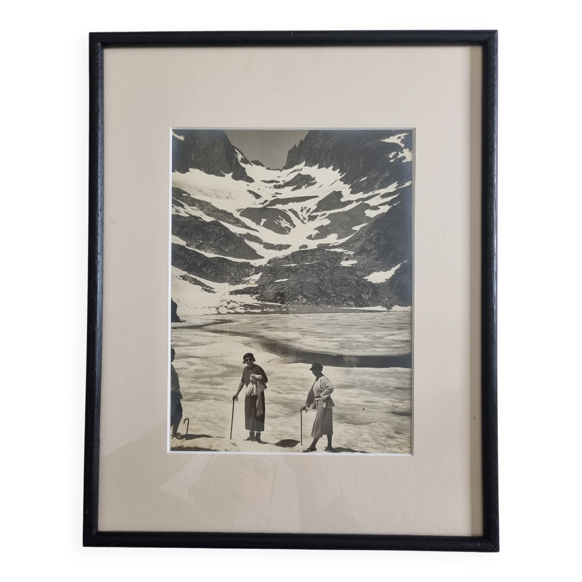 Framed photograph of walkers on the glacier, print by André Banon, 1930.