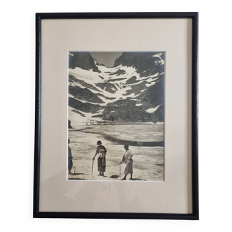Framed photograph of walkers on the glacier, print by André Banon, 1930.