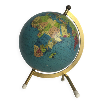 Globe terrestre vintage 1967 mappemonde dorée tripode Taride - 23 cm