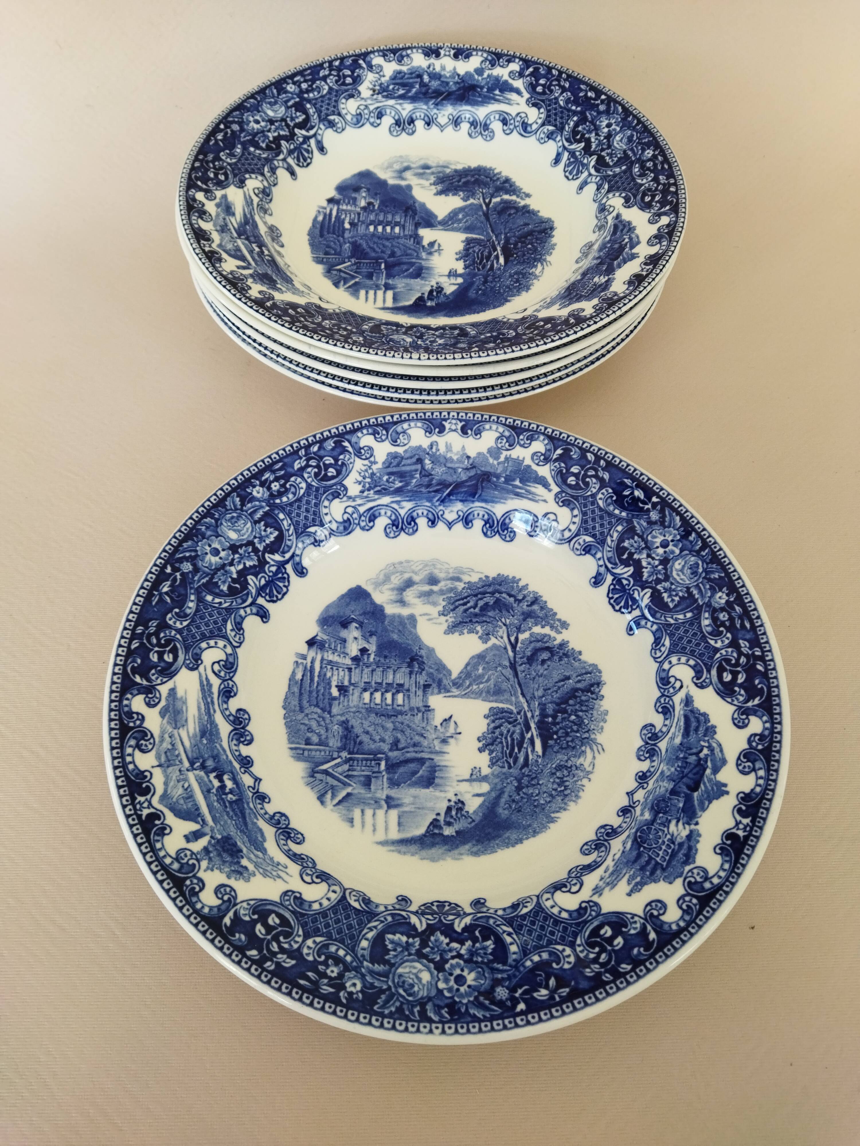 Royal Sphinx Maestricht P. Regout "Cambridge Old England" blue & white soup plates