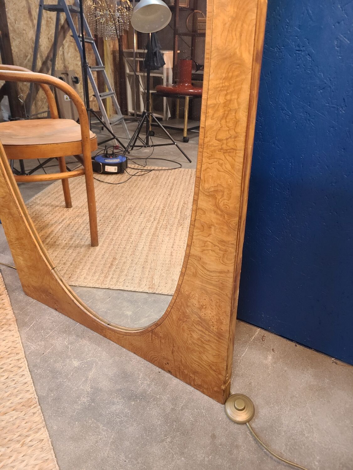Miroir vintage géant bois clair miroir ovale 1920