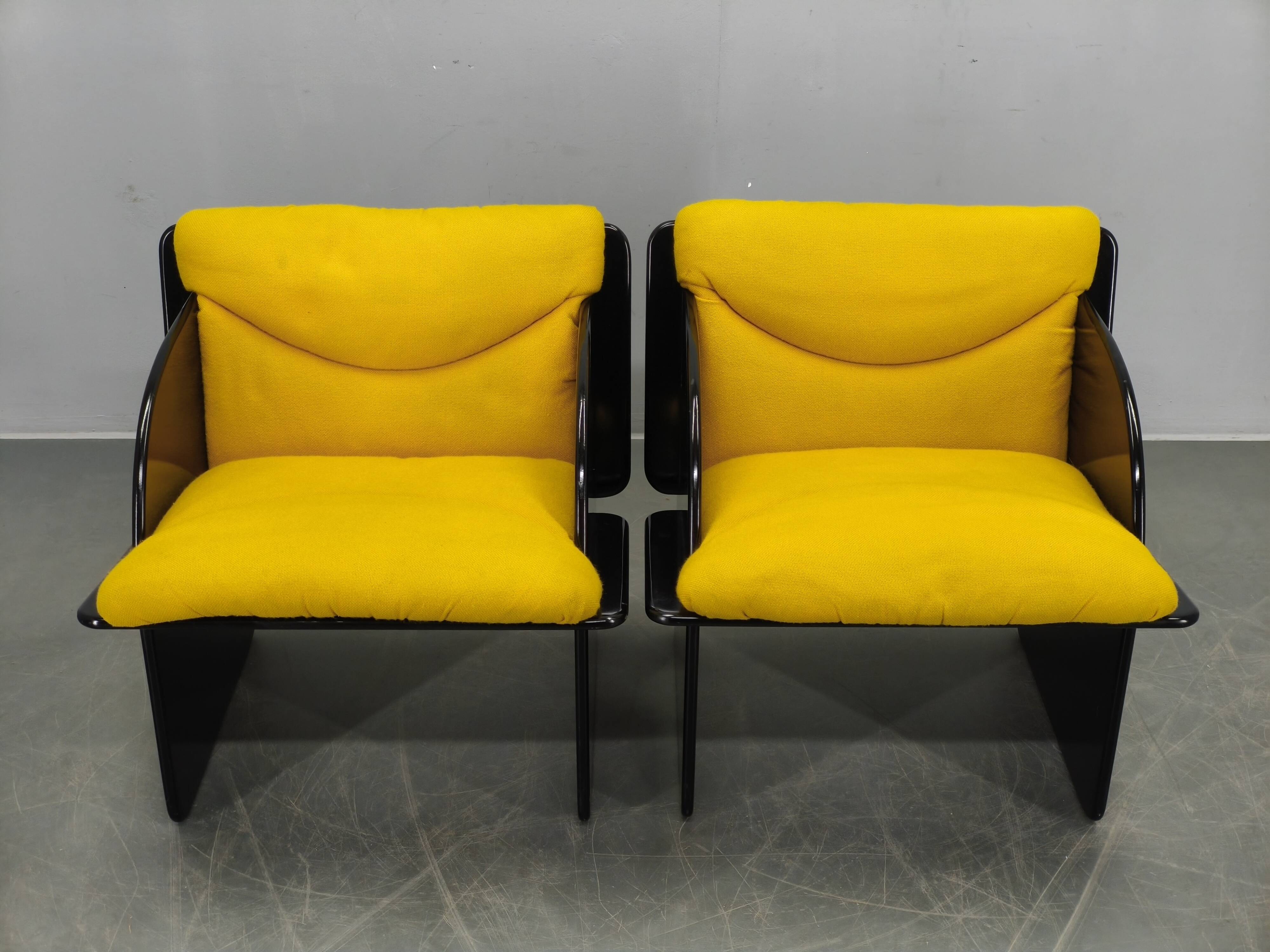 Pair of Italian Space Age Armchairs, Black Lacquer, 1970s