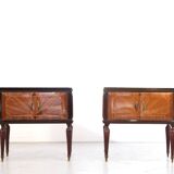Set Of 2 Italian Midcentury Walnut Burl And Brass Bedside Tables / Cabinets