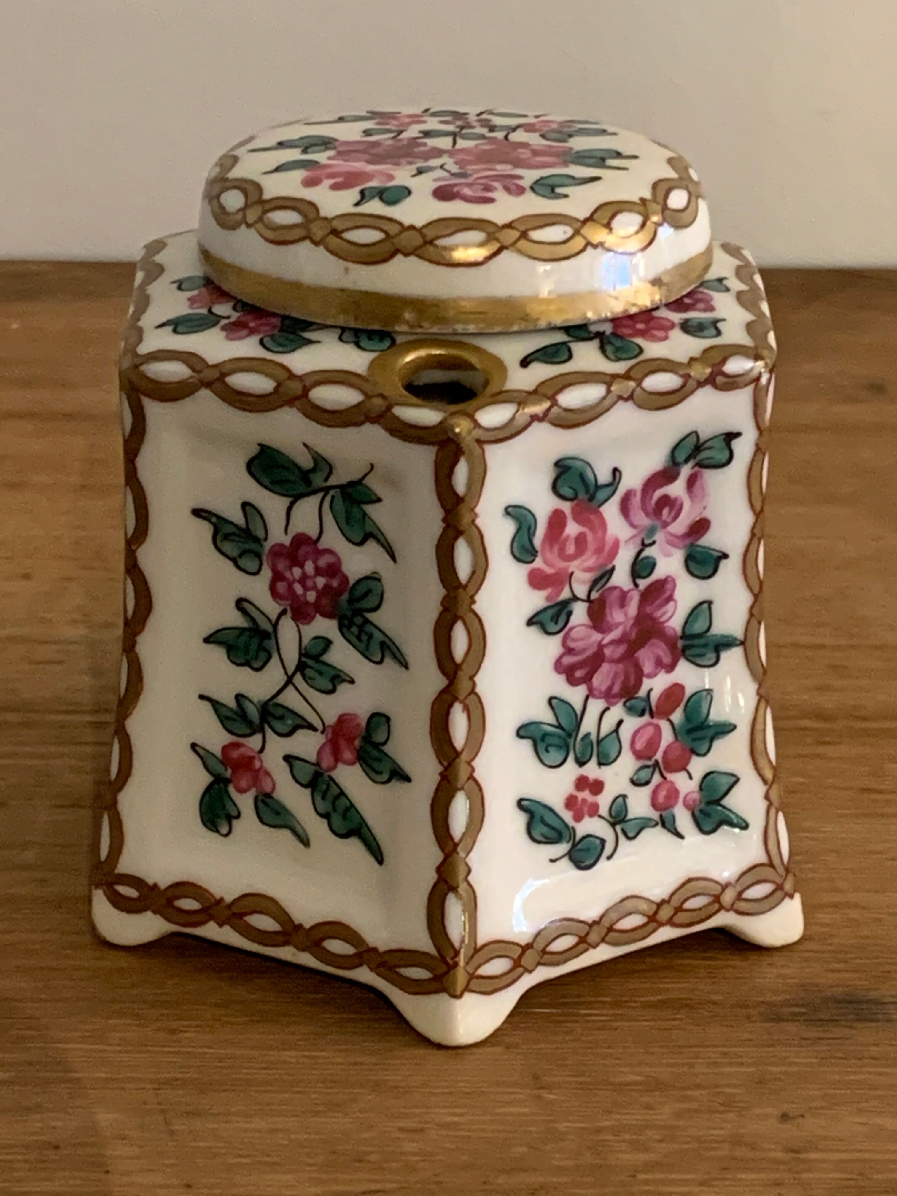 20th century polychrome porcelain inkwell floral decoration
