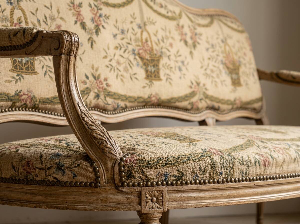 Louis XV style canapé in carved natural wood and floral upholstery.