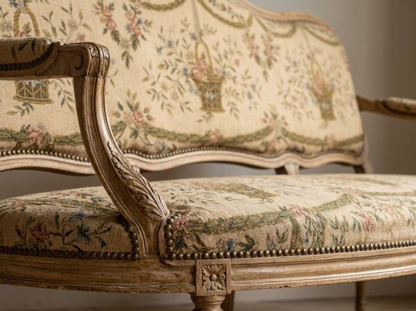 Canapé de style Louis XV en bois naturel sculpté et tapisserie florale