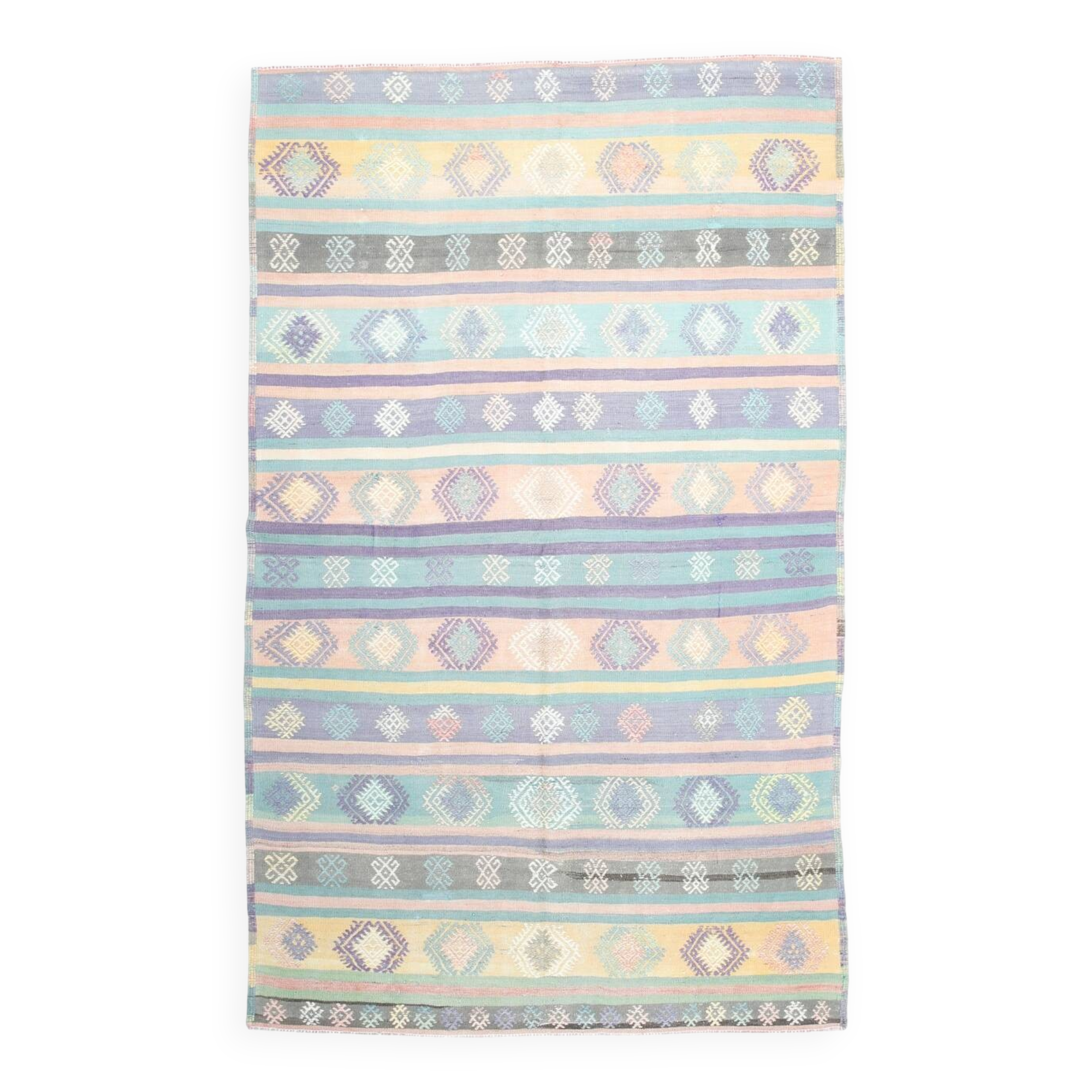 Tapis Kilim Anatolien 5x9 ft – Rayures Pastel en Vert Menthe, 163x268Cm