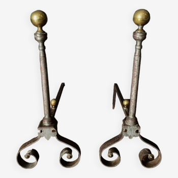 Pair of late 19th century ironwork andirons with 2 copper balls