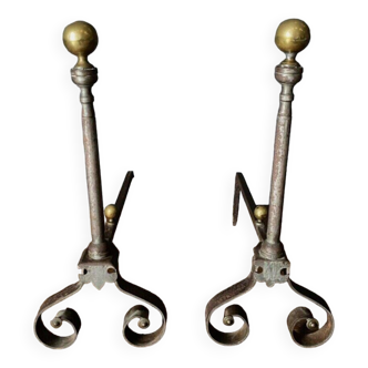 Pair of late 19th century ironwork andirons with 2 copper balls