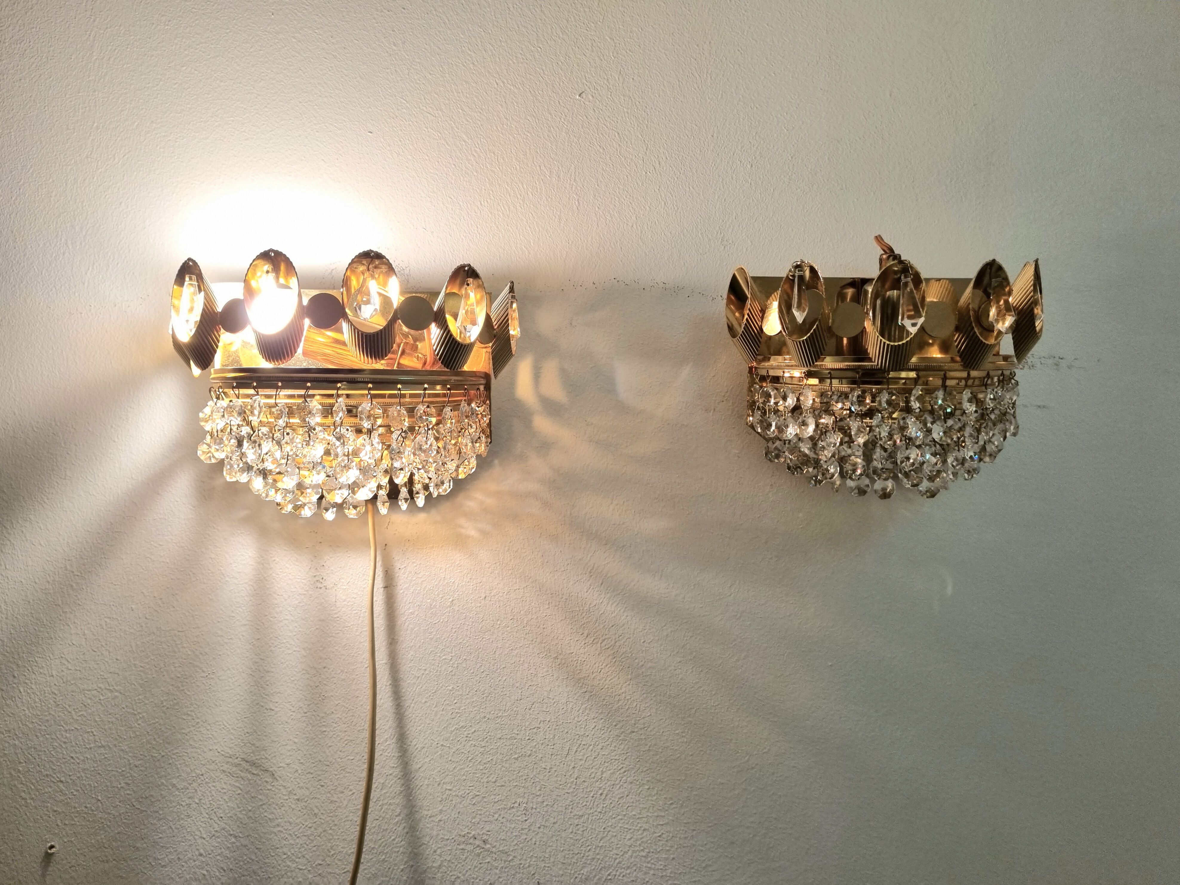 Set of 2 Palwa wall lights, crystal sconces, Hollywood Regency glam vintage decor lamps, 1960s