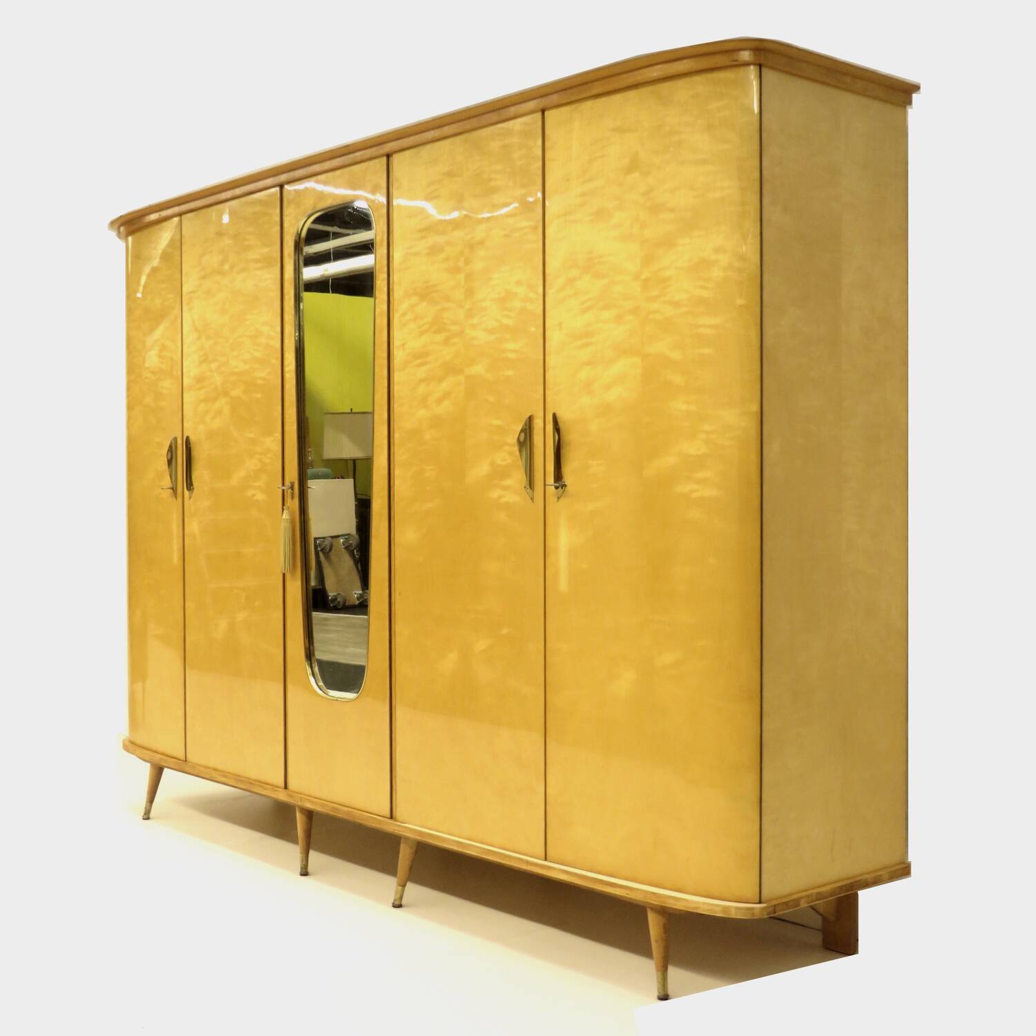Large vintage mid century modern 5-door XL wardrobe in flamed maple, 1950s