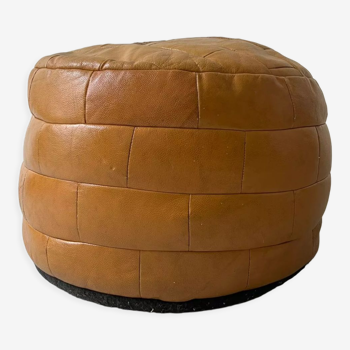 pouf cuir véritable cognac patchwork, 1970